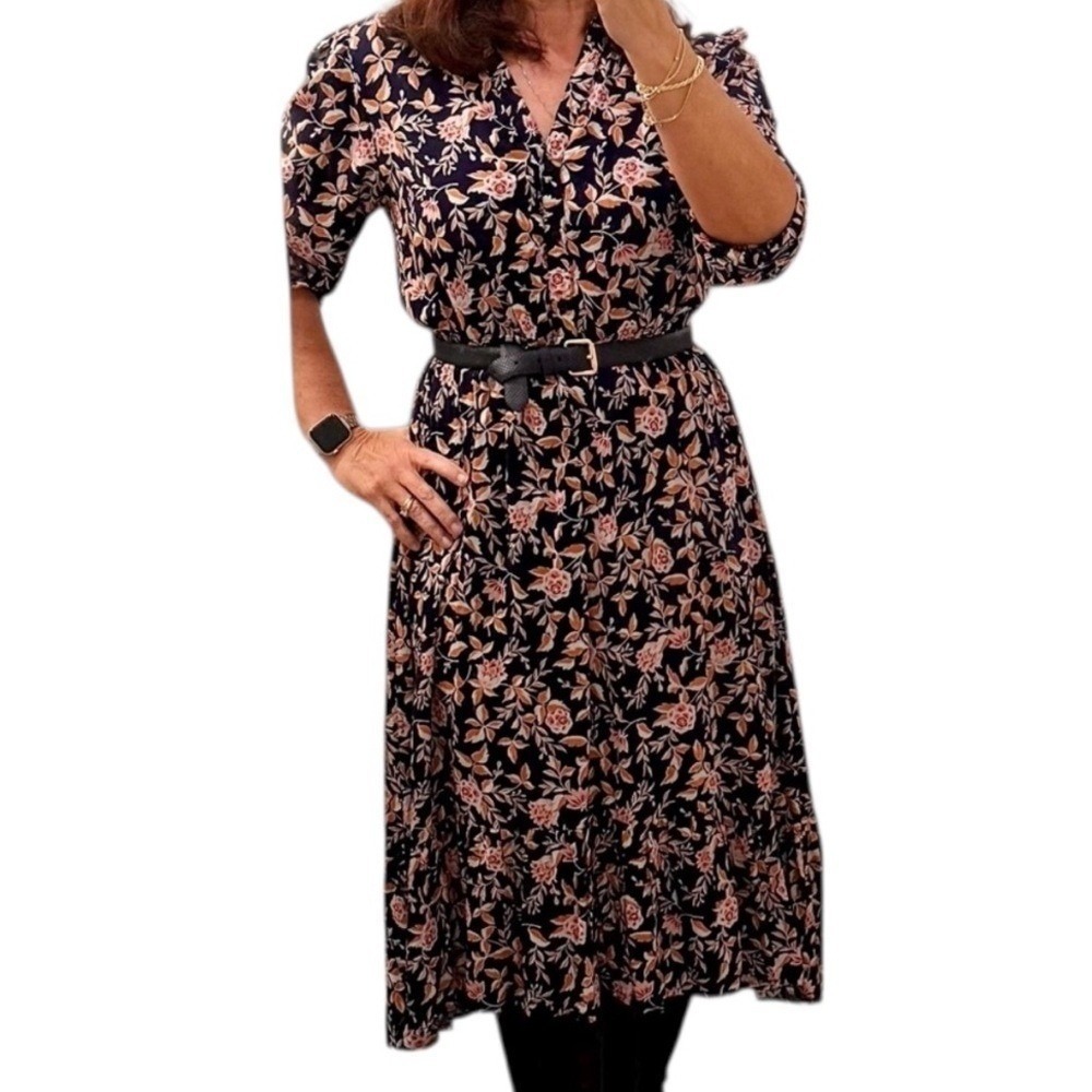 Harlow & Rose Navy Floral Button Front Midi Dress‎ Elastic Waist Womens Large